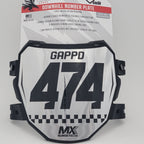 Motorcycle number plate with '474' and 'Gappo' branding on a chrome background