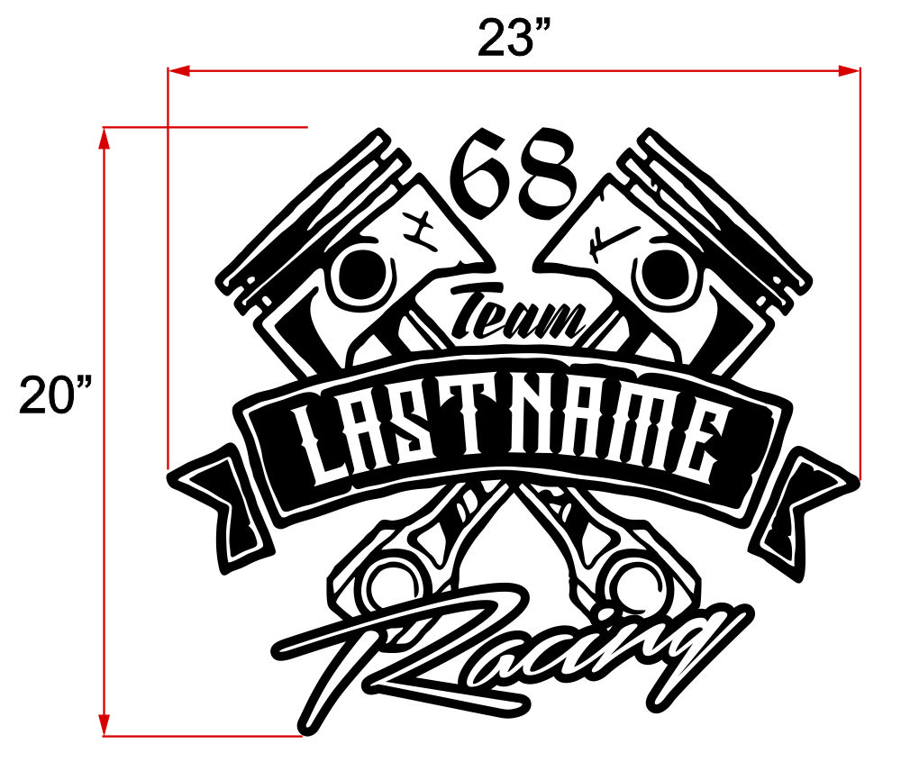 Custom Your Name Racing Decal with Pistons & Number in Single Color