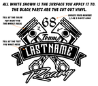 Custom Your Name Racing Decal with Pistons & Number in Single Color - MxNumbers