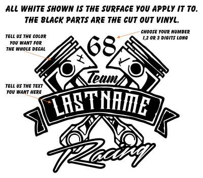 Custom Your Name Racing Decal with Pistons & Number in Single Color - MxNumbers