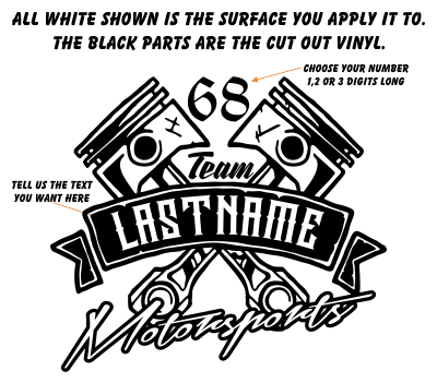 Custom Your Name Motorsports Decal with Pistons & Number in Single Color - MxNumbers