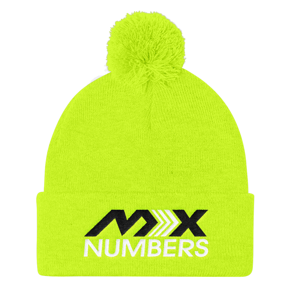 Pom Pom Knit Beanie -Black with White Arrow Logo - MxNumbers
