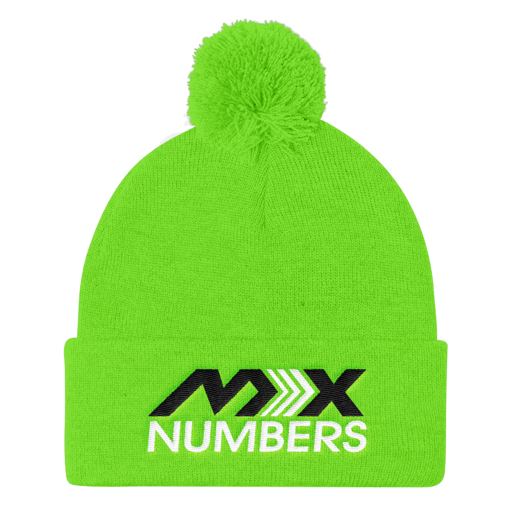 Pom Pom Knit Beanie -Black with White Arrow Logo - MxNumbers